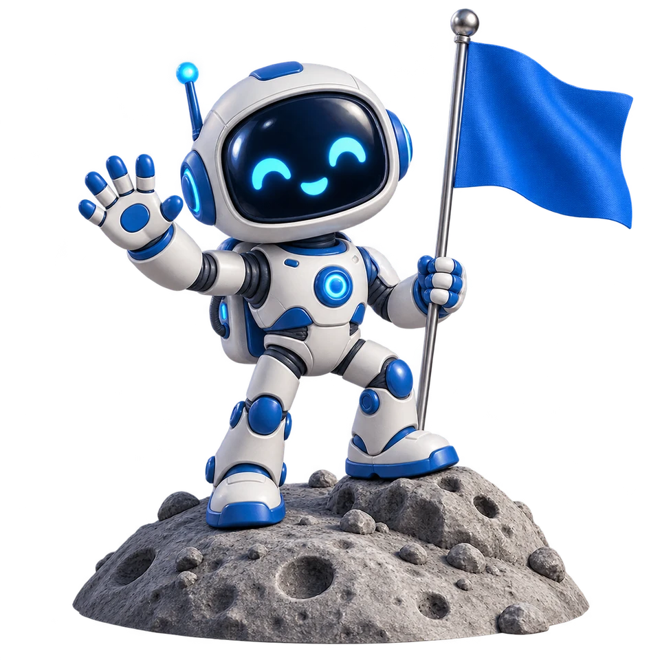 Friendly robot waving and carrying a blue flag on a rocky moon